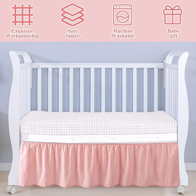 Pink Crib Bed Skirts with 4 Large Cot Bow 28" x 52" Baby Crib Skirt for Boys Girls Nursery Toddler Bedskirt Dust Ruffle 14" Drop