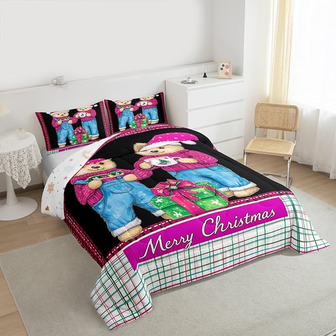 Feelyou Merry Christmas Kids Comforter Set Full Size Cute Bear Bedding Set Duvet Quilt for Kids Boys Girls Bedroom Winter Decor Microfiber Ultra Soft Breathable