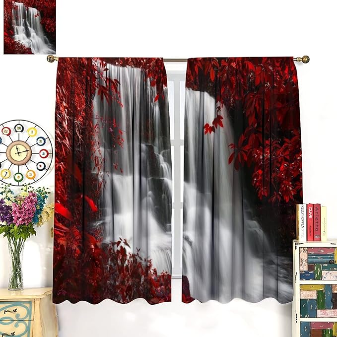 Red Forest Waterfall Blackout Windows Curtains, Waterfall Red Forest Black and Red Natural Landscape Print Window, for Living Room Bedroom 63x72in 2 Panels