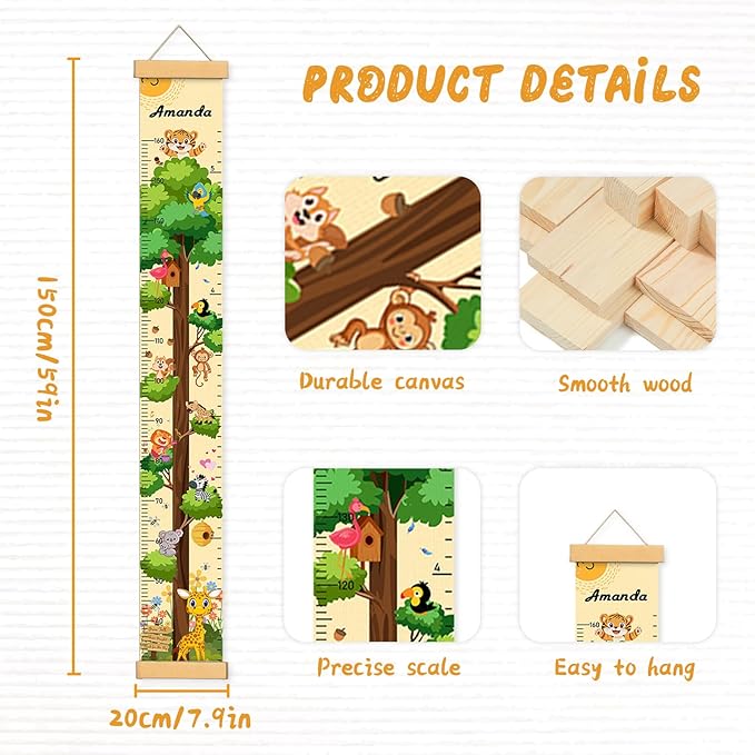 Personalized Name Growth Chart Wall Decor for Kids – Canvas Removable Height Chart Measuring Ruler 59" x 7.9" (Paint Big Trees and Animals)