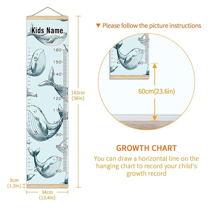 Personalized Kids Name Growth Chart Ruler for Wall Wood Frame Height Measure Chart 13.4x56 in Linen Hanging Height Growth Chart Ocean Dolphin Fish Kids Room Decor