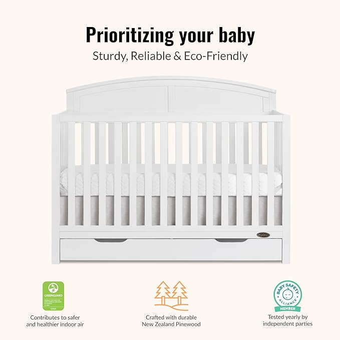 Dream On Me Storybrooke 5-in-1 Convertible Full-Size Crib with Under Drawer, Pebble Grey, GreenGuard Gold & JPMA, Convert to Toddler, Day & Full-Size Bed, 3 Mattress Heights, Sustainable Pinewood
