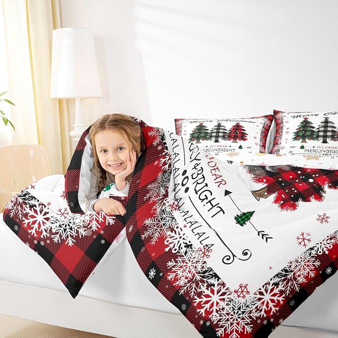 Christmas Comforter Set Queen Size, Red Plaid Xmas Trees Bedding Set 3pcs , Winter Snowflake New Year Reversible Down Comforter for All Season, Kids Boys Girls Room Decor, 2 Pillowcases, No Sheets