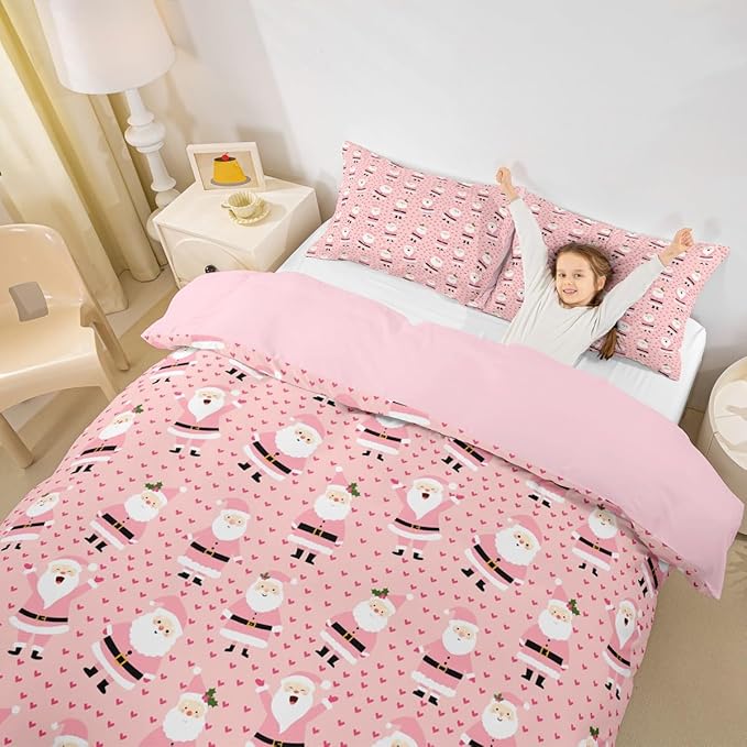 Feelyou Christmas Bedding Set for Kids Boys Girls Cute Santa Claus Comforter Cover Set Cartoon Xmas Theme Duvet Cover Bedroom Decor Pink Dreamy Heart Bedspread Cover Twin Size Bedding Collection 2Pcs