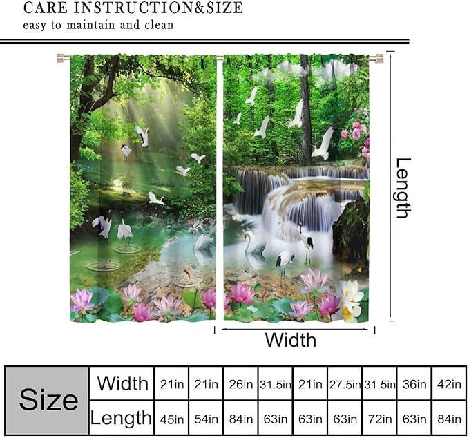 Nature Blackout Curtain, Waterfall Landscape Forest Swan Fish Pattern Rod Pocket Window Drapes, for Bedroom Living Room 42" W X 54" L