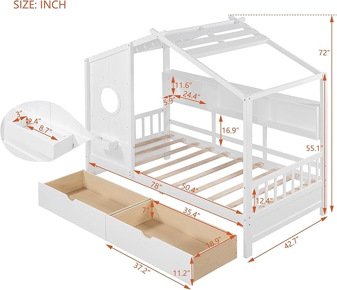 Linique Wooden Twin Size House Bed with 2 Drawers and Storage Shelf,Twin Platform Bed Frame with Pitched Roof,White