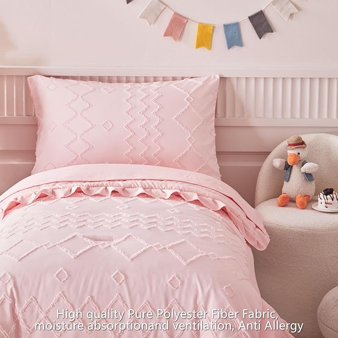 AIKASY Toddler Bedding Set 4 Pieces Super Soft Comforter Set, Shabby Boho Bohemian Design for Boys and Girls（Ruffle Fringe Comforter, Flat Sheet, Fitted Sheet and Pillowcase）- Coral Pink