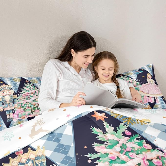 jejeloiu Christmas Nutcracker Comforter Set Twin Size Gingerbread Man Bedding Set for Kids Boys Girls Xmas Tree Duvet Quilt Dark Blue Bedroom Decor