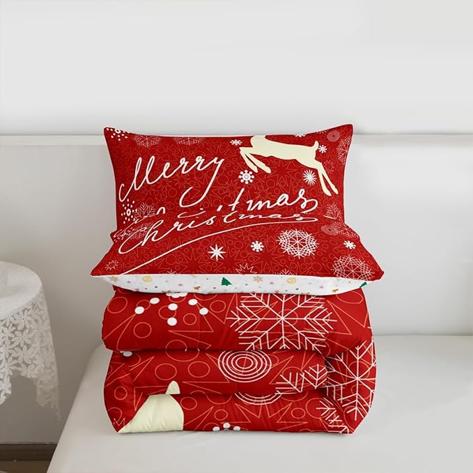 Merry Christmas Kids Comforter Set Twin Size,Deer Animal Silhouette Bedding,Girls Boys Adults Bedroom/Xmas Cabin Decor,Snowflake Dot Graffiti Down Comforter,Red Romantic Duvet Insert,1 Pillowcase