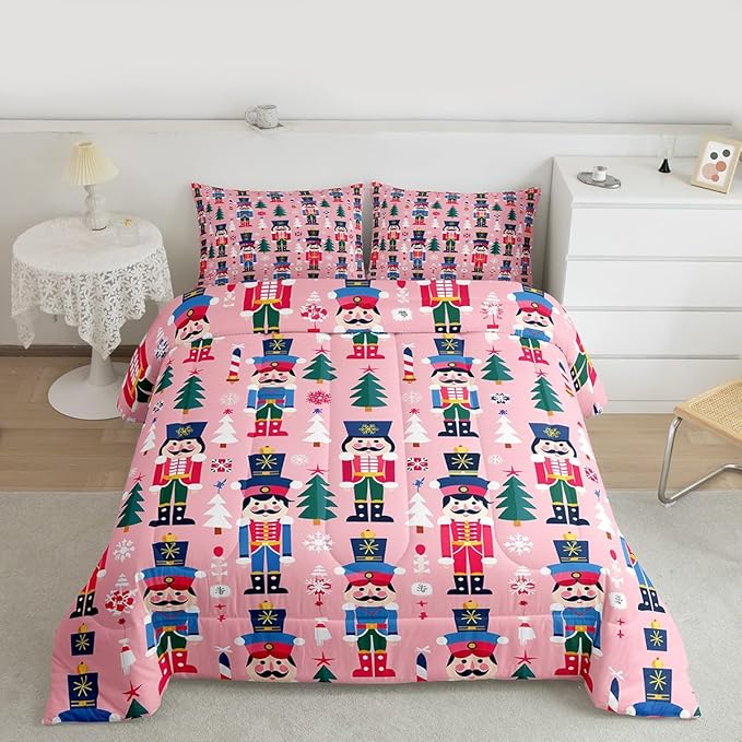 Feelyou Cute Nutcracker Kids Comforter Set Queen Christmas Tree Bedding Set Xmas Snowflake Duvet Quilt for Kids Boys Girls Bedroom Colorful Soldier Decor Candy-Cane Designs Microfiber Soft Breathable