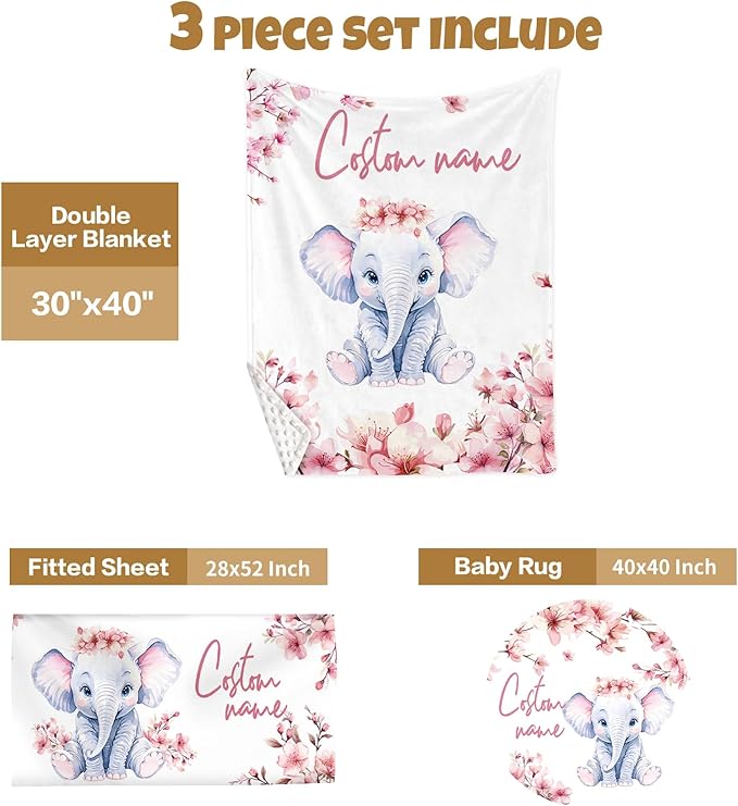 Custom Baby Crib Bedding Set, 3 Pcs Personalized Nursery Bedding Set with Name, Soft Baby Bedding Crib Sets with Blanket - Toddler Crib Sets for Girls Boys, Infant Newborn Gift, Flower Elephant