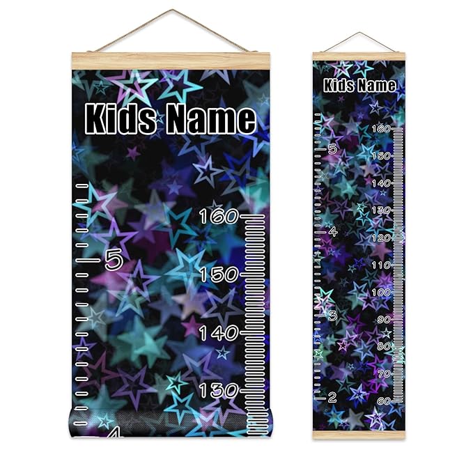 Personalized Kids Name Growth Chart Ruler for Wall Wood Frame Height Measure Chart 13.4x56 in Linen Hanging Height Growth Chart Stars Blue Pink Kids Room Decor