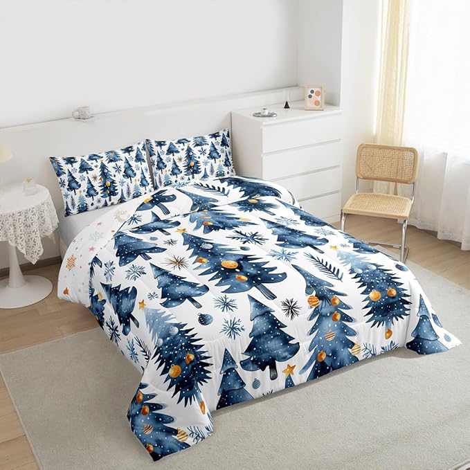 Feelyou Christmas Kids Comforter Set King Size Xmas Tree Bedding Set Snowflake Duvet Quilt for Kids Boys Girls Bedroom Watercolor Blue Decor Microfiber Ultra Soft Breathable