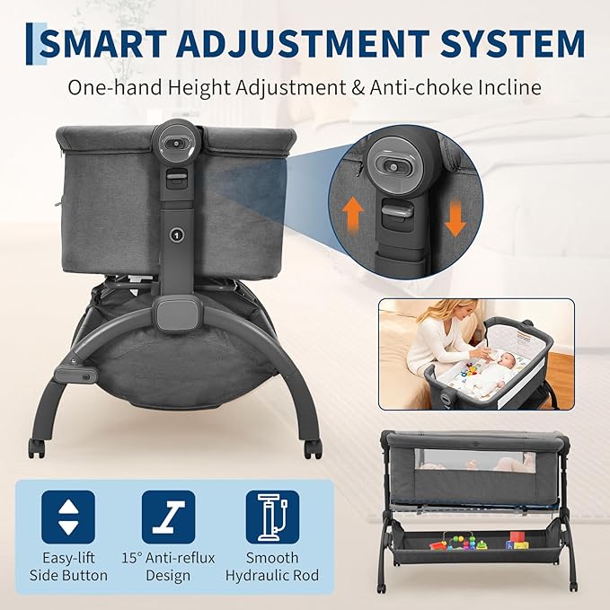 Bedside Bassinet Baby Bassinet, 3 in 1 Bedside Sleeper with Baby Co-Sleeper Travel Crib with Detachable Mosquito Net & Storage Basket | Adjustable Height, Wheels Included