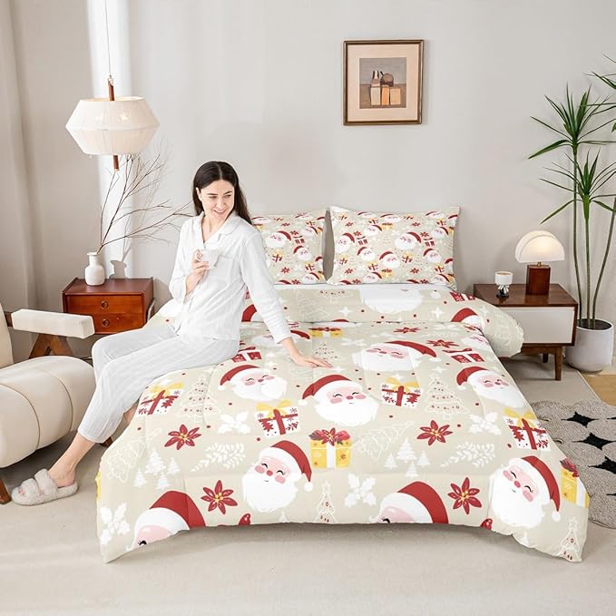 jejeloiu Santa Claus Comforter Set Queen Size Merry Christmas Bedding Set for Kids Boys Girls Xmas Themed Duvet Quilt Beige Bedroom Decor