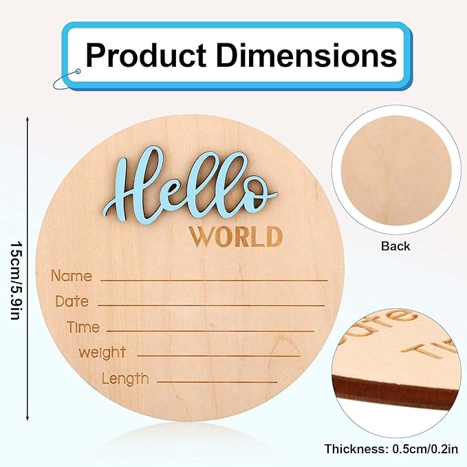Newborn Announcement Sign, 15cm/5.9in Wooden Hello World Newborn Sign Birth Baby Name Plaques for Boys and Girls Baby Shower Photo Props or Hospital Nursery Decor (Blue)