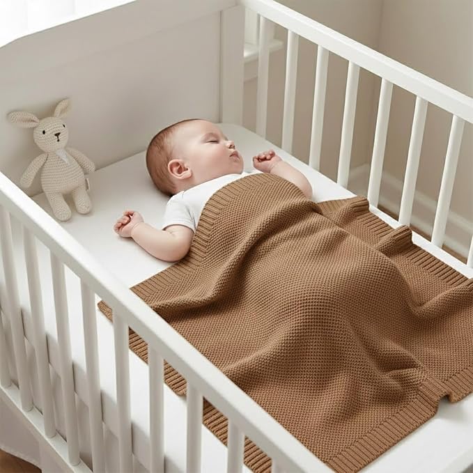 Baby Knit Blanket Soft Cotton Lightweight Newborn Blanket for Crib Stroller Toddler Nursery Shower Gift Cozy Breathable Travel Swaddle Wrap Mocha 36 x 28 Inches