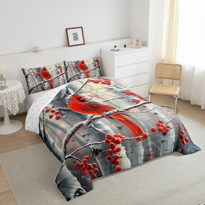 jejeloiu Kids Red Cardinal Comforter Set Twin Size Christmas Theme Bedding Set for Boys Girls Teens Xmas Birds Winter Rustic Country Farm Animal Duvet Quilt Room Decor