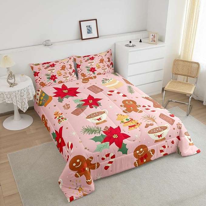 Feelyou Cute Gingerbread Man Bedding Set for Kids Boys Girls King Size Christmas Trees Comforter Set Ultra Soft Candy Comforter Dessert Duvet Quilt Bedroom Decor Christmas Decor Quilt