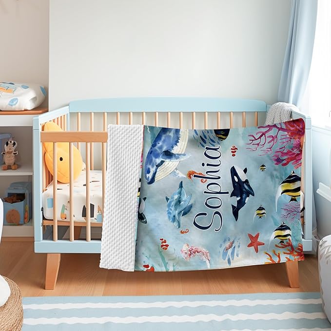 Custom Baby Blanket - Ocean Animals Theme Personalized Name Blanket for Boys Girls, Soft Infant Toddler Blanket with Whale and Dolphin, Customizable Nursery Bedding (60" x80)