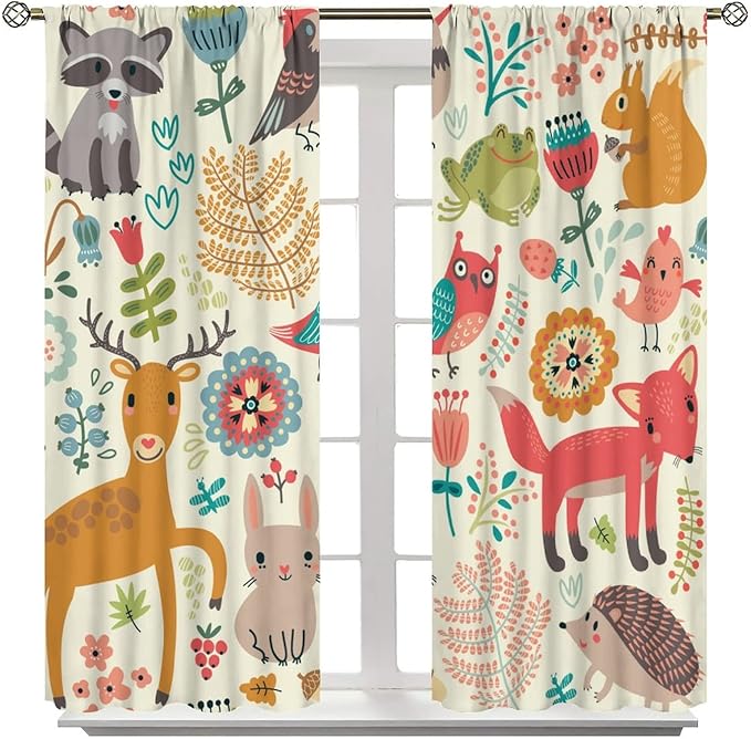 Kids Baby Woodland Curtains,Forest Animals Plants Cartoon Funny Colorful Deer Fox Owl Pattern Thermal Insulation Blackout Window Drapes for Boys Girls Children's Bedroom 42x45 Inch