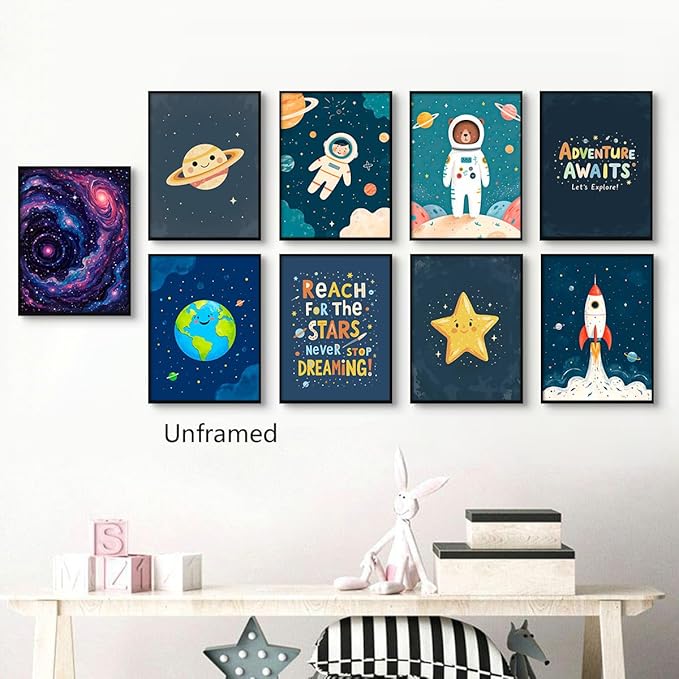 9 Pieces Outer Space Theme Nursery Canvas Wall Art, Charming Bear Astronaut Planets Rocket Poster for Kids Room, Baby Boys Playroom Bedroom Stars Cosmos Picture Print 8x12in Unframed