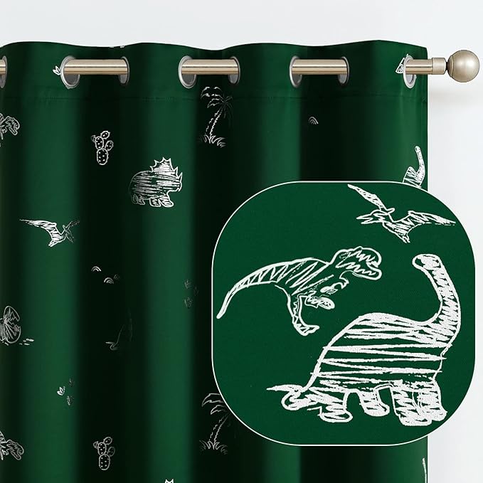 Vangao Kids Curtains Green Blackout Dinosaur Curtains for Boys Kids Nursery Girls Room Silver Dino Foil Print Thermal Insulated Drapes Grommet Top Window Treatments 84 Inches Length 2 Panels