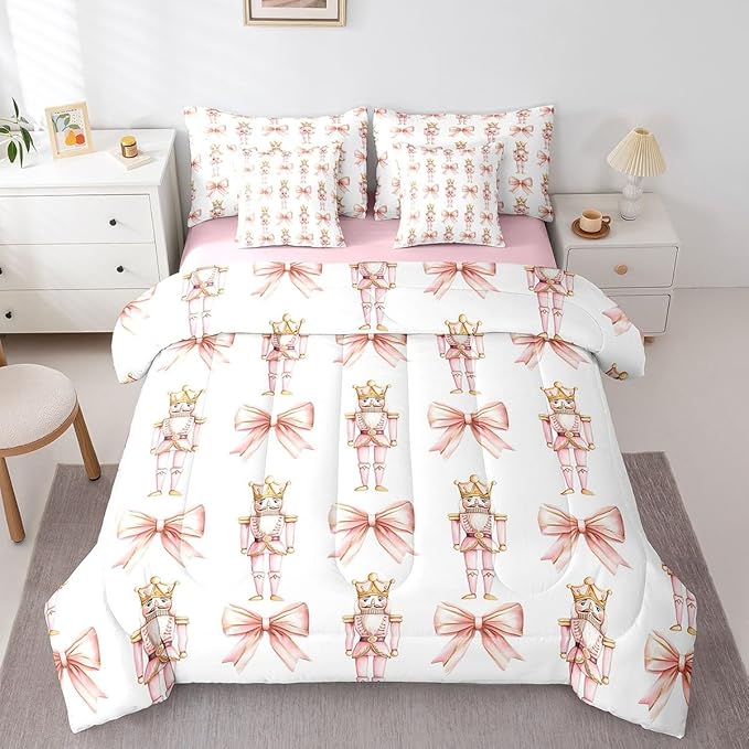 7 Pieces Cartoon Nutcracker Kids Comforter Set Full,Pink Bowknot Romantic Princess Bedding Set,Ballet Merry Christmas Bow Tie Dreamy（Comforter+Fitted+Flat Sheet+2 Pillowcases+2 Throw Pillow Covers）