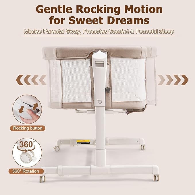 Baby Bassinet Bedside Sleeper 3-in-1, Easy Night Feeding with One-Side Fold & Rolling Wheels, Breathable Mesh, 6-Height Adjustable, Soft Mattress for Newborns