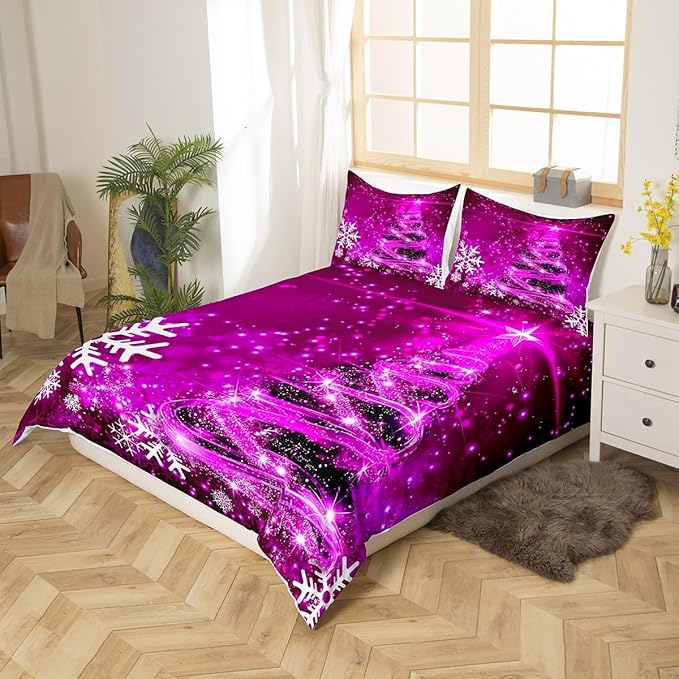 Manfei Purple Xmas Tree Duvet Cover Set Full Size, White Snowflake Print Comforter Cover with 2 Pillowcases, New Year Theme Bedding Set 3pcs for Kids Boys Girls Bedroom Decor,No Comforter