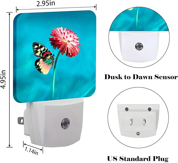 Butterfly Pink Flower Night Light,Plug-in Night Lights with Dusk-to-Dawn Sensor for Stairway,Hallway,Bedroom Sleep Friendly Ideal for Women/Girls/Boys Gift,0.5w