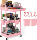 3 Tier Rolling Utility Cart with Drawer, Plastic Storage Organizer Rolling Carts with Wheels Handles Hanging Cups Hooks for Office, Bathroom, Kitchen,Craft Art Room (Pink)