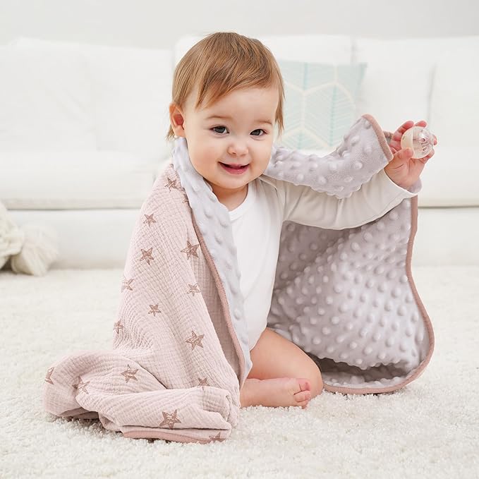 Susurration Baby Blanket for Unisex Boys Girls, Soft Nursery Minky Blanket with Muslin Cotton Front and Dotted Fleece Back, Receiving Blanket for Baby Newborn Infant, 30x40inch (Pink Star)