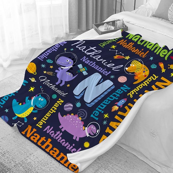 Dinosaur Lover Astronaut Personalized Blanket with Name Custom Dinosaur with Name Flannel Blanket Soft Throw Meaningful Gift for Toddlers Girls Boys Kids Pets 120 * 90" XL for Family