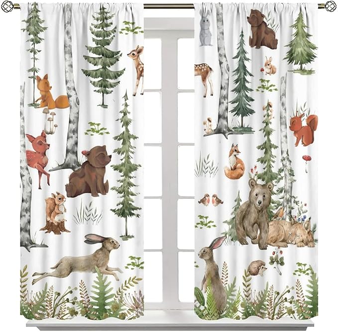 Animal Kids Curtains, Woodland Squirrel Rabbit Bear Animal Friends Forest Curtains for Boys and Girls Bedroom Living Room Kitchen 42x63in