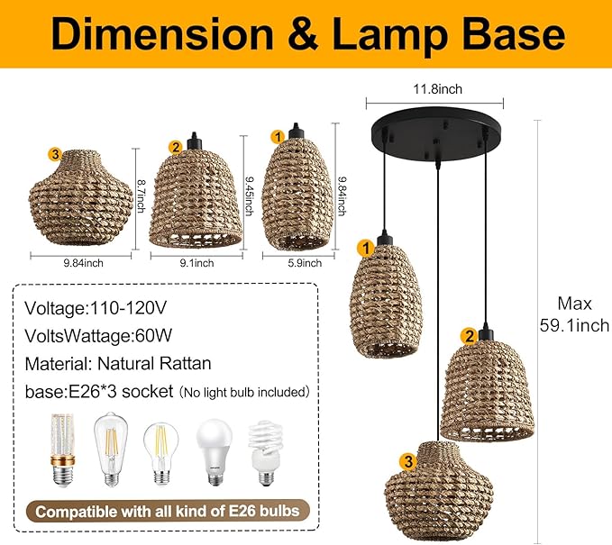 3-Light Rattan Chandelier, Boho Wicker Pendant Light Fixtures,Coastal Hand-Woven Ceiling Hanging Lights for Kitchen Island Dining Room Bedroom Farmhouse