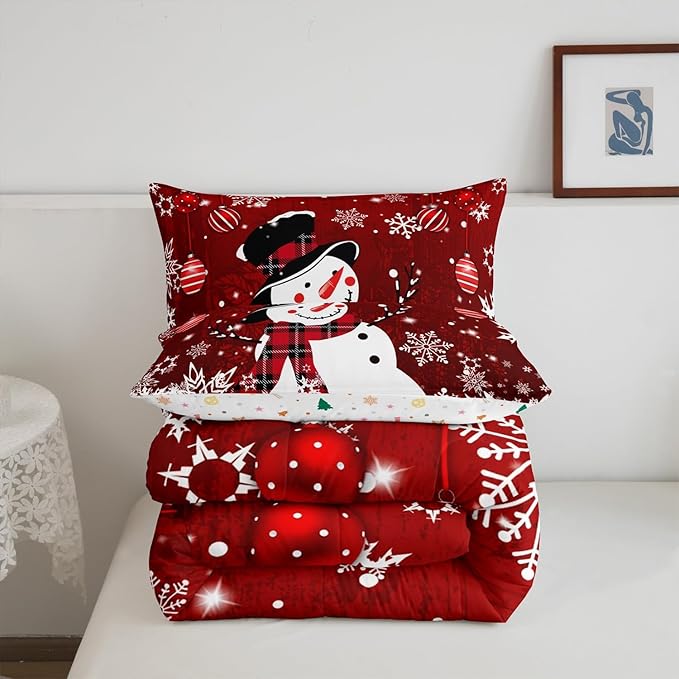 Manfei Snowman Comforter Set Full Size, Snowflake Balloon Xmas Decor Down Comforter with 2 Pillowcases, Christmas Red Bedding Set 3pcs for Kids Boy Girls Bedroom Decor Lightweight Duvet Insert