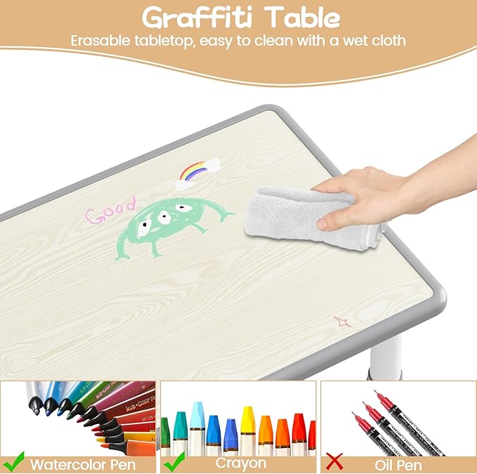 Kids Table and 4 Chairs Set, Height Adjustable Toddler Table and Chairs Set for Ages 2-10, Graffiti Desktop, Non-Slip Legs, Arts & Crafts Table, Children Activity Table for Daycare Classroom Home