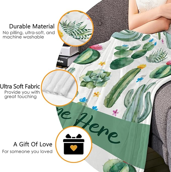 Custom Flannel Blanket with Text Cactus Flower Succulent Customized Blankets Warm Unique Personalized Throw Souvenirs Gift of Love 40"×30" XSmall for Pets