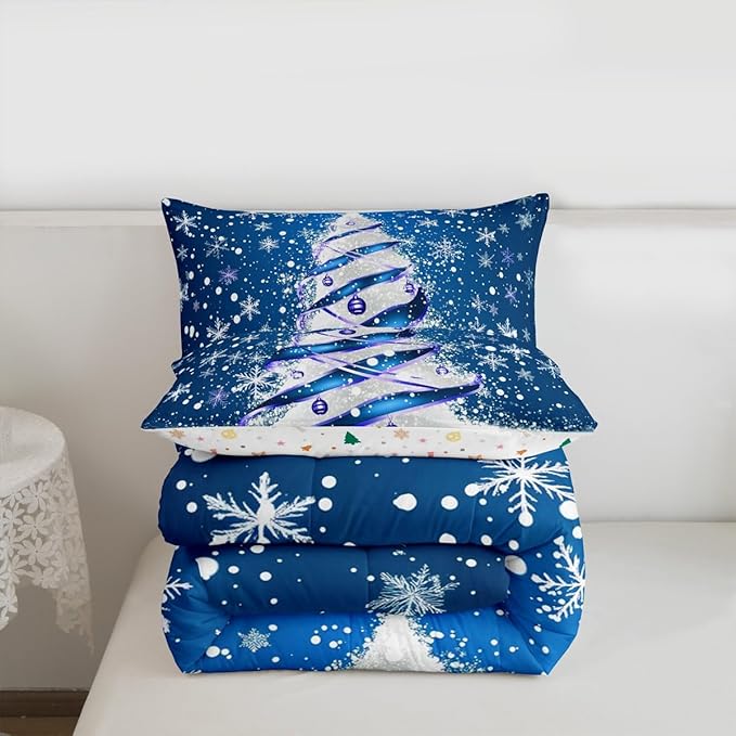 Feelyou Merry Christmas Kids Comforter Set Queen Size Christmas Tree Bedding Set Snowflake Duvet Quilt for Kids Boys Girls Bedroom Winter Decor Microfiber Ultra Soft Breathable