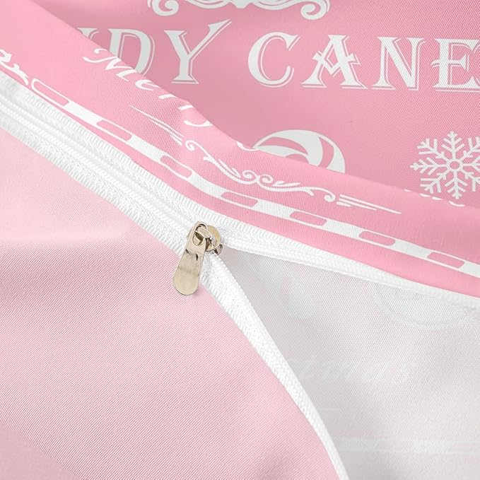 jejeloiu Christmas Bedding Set Twin Size Kids Christmas Quote Comforter Cover Set for Boys Girls Teens Candy Canes Print Duvet Cover Xmas Bedspread Cover Room Decorations Pink White Quilt Cover
