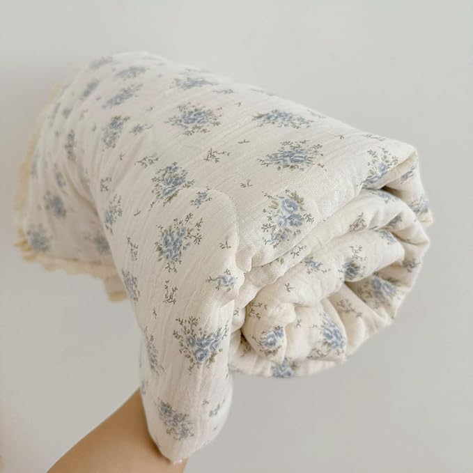 BuLuTu Chic Shabby Blue Flower Print Kids Quilted Blanket Muslin Cotton Toddler Quilt with Lace Edges Soft Lightweight Kids Comforter for Girls Boys, All Seasons, 60x78 Inches