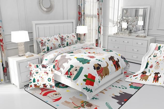 Erosebridal Merry Christmas Quilt Twin Size Cartoon Dog Comforter Set for Teens Kids Boys Xmas Tree Snowman Bedding Set Cute Pug Puppy Animal Duvet Insert with 1 Pillow Case