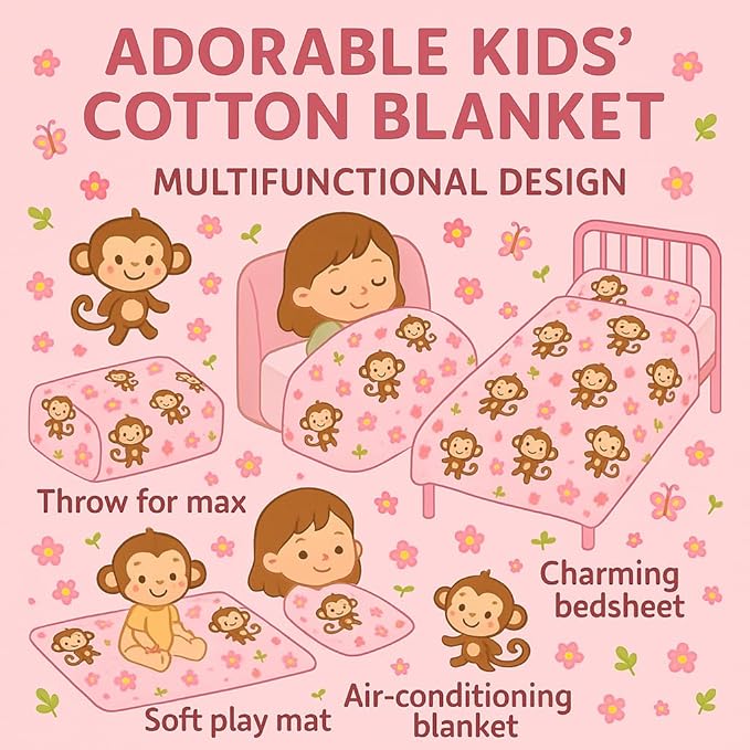 Kids Throw Blanket – Soft Cotton Toddler Blanket with Floral Monkey & Butterfly Pattern, Lightweight Breathable Bed Throw with Stitched Edges, 40 x 60 in (101.6 x 152.4 cm)
