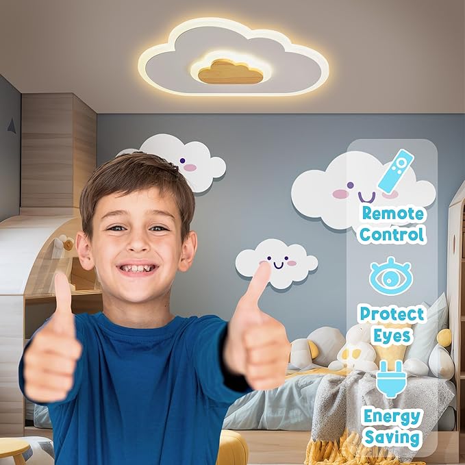 LED Ceiling Light Fixture 19.7in Dimmable Children Cloud Lights for Ceiling with Remote Control 26W Creative Wooden Bedroom Ceiling Lamp for Kids Room Bedroom Living Room, White, YMLED-3