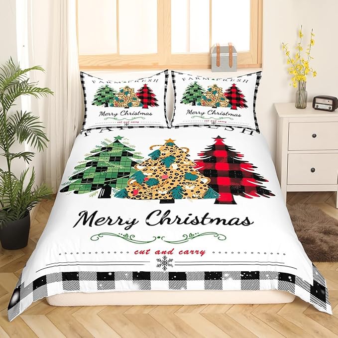 Manfei Christmas Tree Duvet Cover Set King Size, New Year Theme Comforter Cover with 2 Pillowcases, Leopard Plaid Print Xmas Bedding Set 3pcs for Kids Boys Girls Bedroom Decor,No Comforter