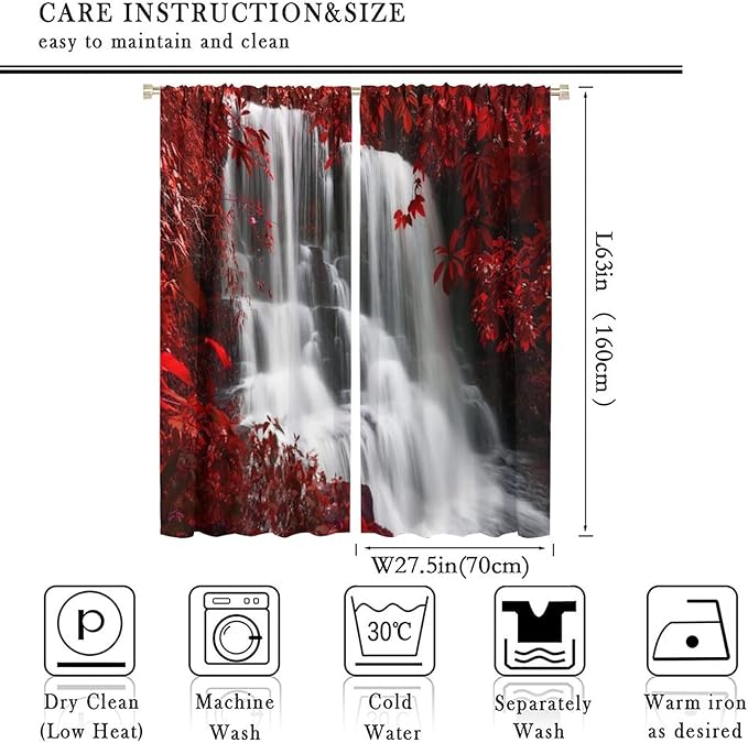 Red Forest Waterfall Blackout Windows Curtains, Waterfall Red Forest Black and Red Natural Landscape Print Window, for Living Room Bedroom 55x63in 2 Panels