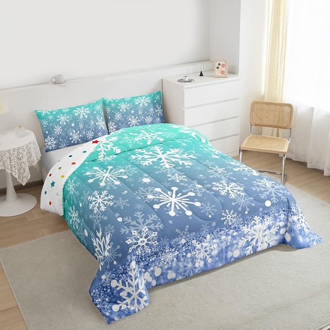 Feelyou Winter Snowflake Kids Comforter Set Twin Size Christmas Bedding Set Winter Holiday Duvet Quilt for Kids Boys Girls Bedroom New Year Decor Microfiber Ultra Soft Breathable