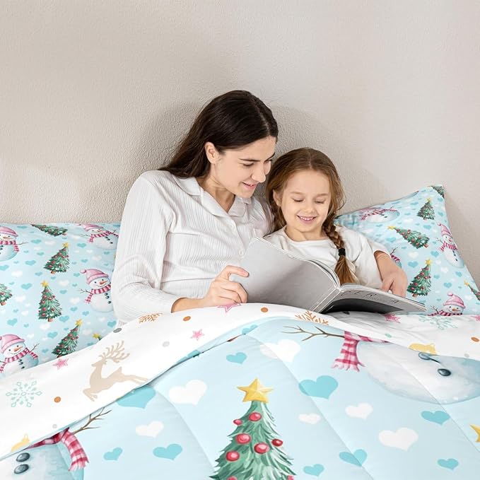 Feelyou Merry Christmas Kids Comforter Set King Size Cute Snowman Bedding Set Christmas Tree Duvet Quilt for Kids Boys Girls Bedroom Love Hearts Decor Microfiber Ultra Soft Breathable