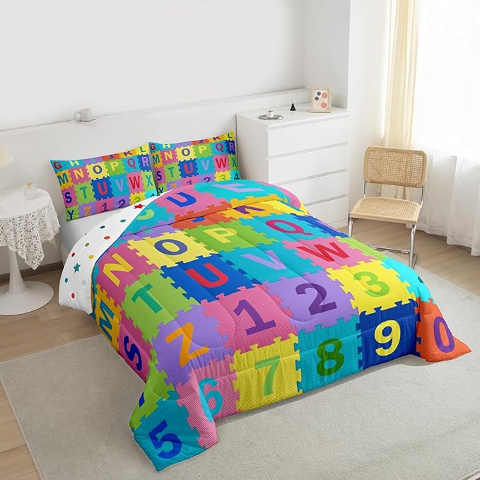 Feelyou Kids Puzzle Alphabet Numbers Comforter Set Toddler Size ABC Letters Bedding Set for Kids Boys Girls Educational Duvet Quilt English Learning Bedroom Decor Microfiber 2 Pcs with 1 Pillow Cases